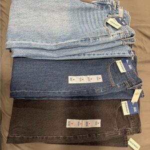 Old Navy Three-Pack Wow Baggy Jeans in Light Blue, Dark Blue, and Black